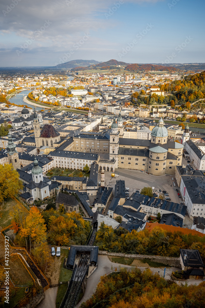 Top view on Salzburg city from castle hill on a sunny autumn day in Austria