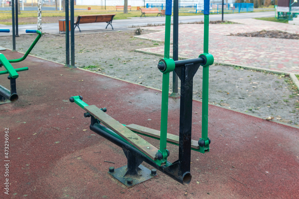 Sports equipment in a public park. Free outdoor gym. Outdoor sports equipment at park playground