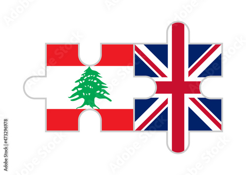 puzzle pieces of lebanon and british flags. vector illustration isolated on white background