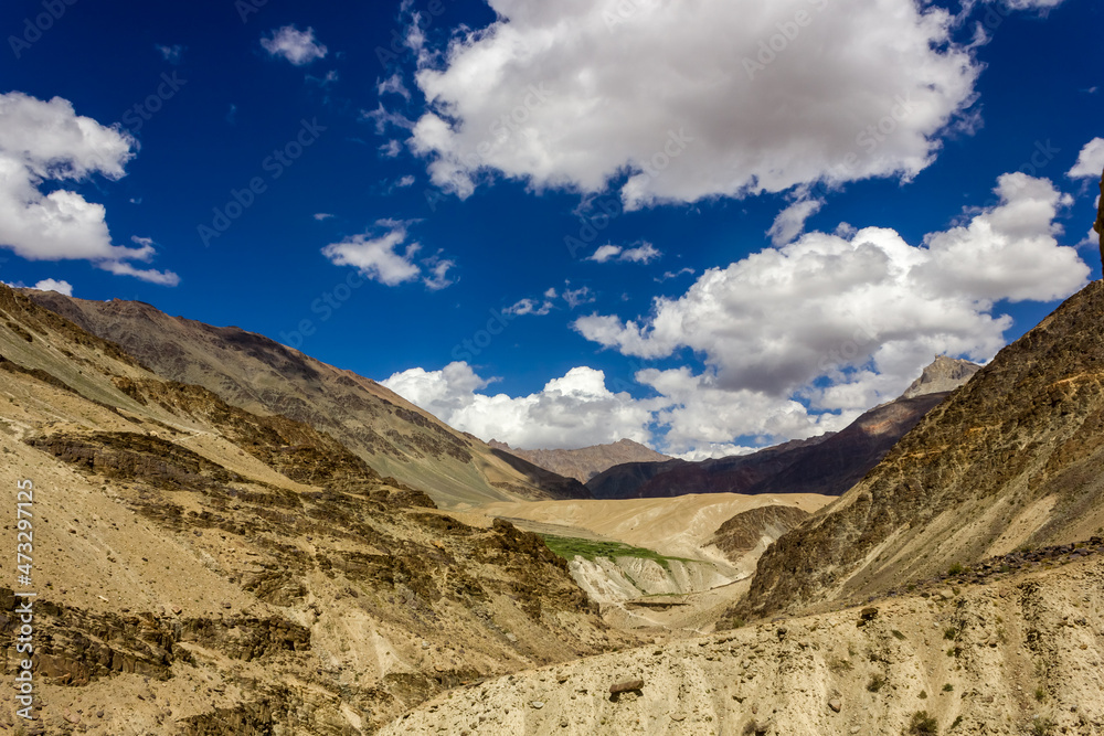 Beautiful landscape of the barren wilderness of the cold desert mountains of the Zanskar region in Ladakh in the Indian Himalaya.