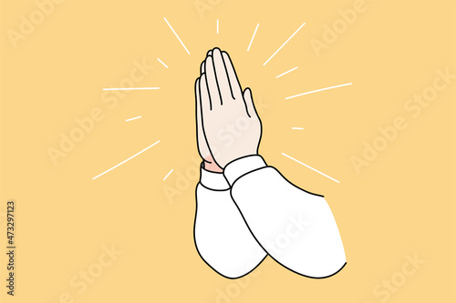 Praying religion and spirituality concept. Human hands pulling in religious gesture praying to god for better spiritual blessing vector illustration 
