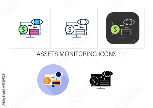 Assets monitoring icons set.Monitoring accounts. Logs information about tangible assets on laptop.Business concept.Collection of icons in linear, filled, color styles.Isolated vector illustrations 