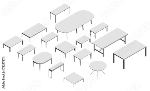 Set with white tables isolated on white background. Isometric view. 3D. Vector illustration