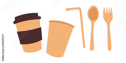 Reusable coffee cups, straw, spoon, fork The concept of zero waste. Horizontal banner. Vector stock flat illustration.