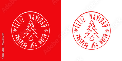 Banner con frase Feliz Navidad y Próspero Año Nuevo en español manuscrito con árbol de navidad en círculo con líneas en fondo rojo y fondo blanco