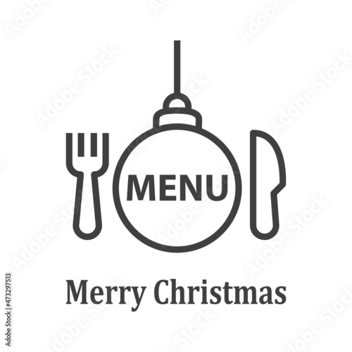 Banner con silueta de bola de navidad colgada con cubiertos con texto MENU y Merry Christmas para su uso en invitaciones y tarjetas de felicitación