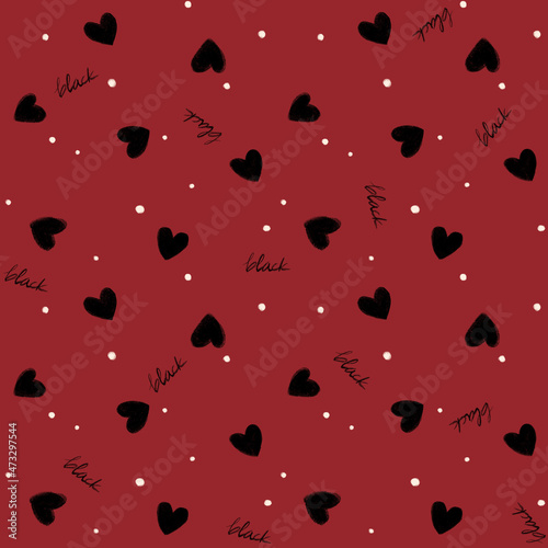 Black Red Heart Digital Papers, Seamless Patterns, Love Dot Design Illustration, 12 inches