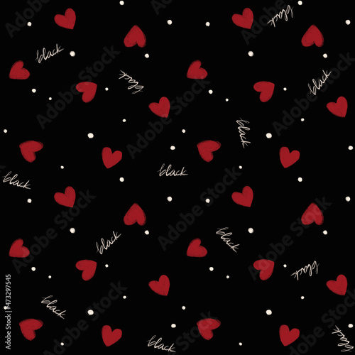 Black Red Heart Digital Papers, Seamless Patterns, Love Dot Design Illustration, 12 inches