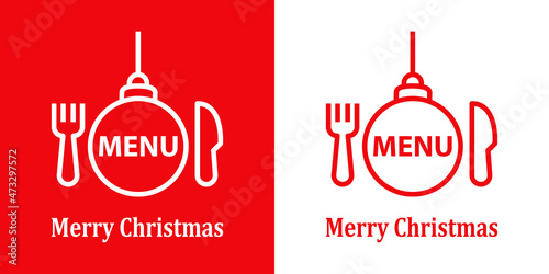 Banner con silueta de bola de navidad colgada con cubiertos con texto MENU y Merry Christmas para su uso en invitaciones y tarjetas de felicitación