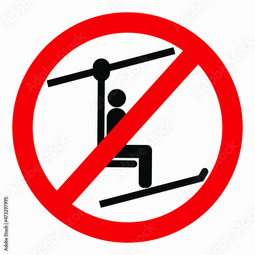 The ski lift icon is not working. The ski lift is closed for skiers. There is no ski slope. Skiers do not ride. Vector icon.