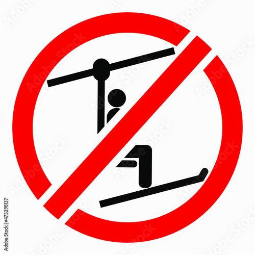 The ski lift icon is not working. The ski lift is closed for skiers. There is no ski slope. Skiers do not ride. Vector icon.