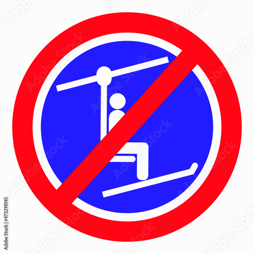 The ski lift icon is not working. The ski lift is closed for skiers. There is no ski slope. Skiers do not ride. Vector icon.