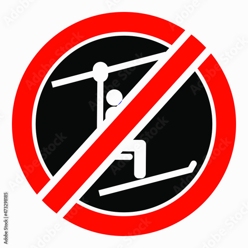 The ski lift icon is not working. The ski lift is closed for skiers. There is no ski slope. Skiers do not ride. Vector icon.