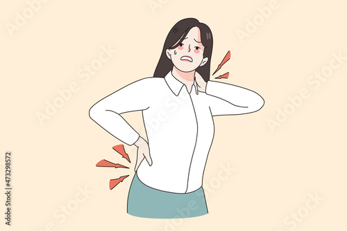 Body pain and injury concept. Stressed woman office worker standing suffering from neck and back pain touching body vector illustration 