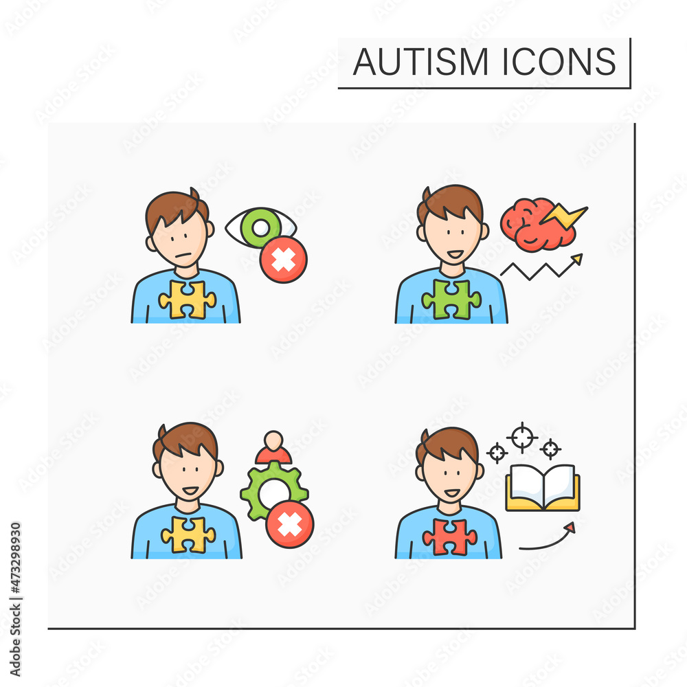 Autism spectrum disorder color icons set.Inappropriate social interaction, eye contact avoidance, intense focus on one topic.Neurodevelopmental disorder concept. Isolated vector illustrations