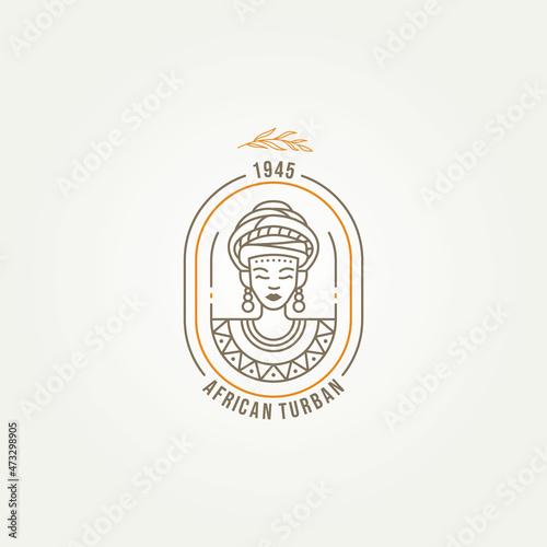 beautiful african woman badge logo design. african woman with turban line art emblem logo template vector illustration design
