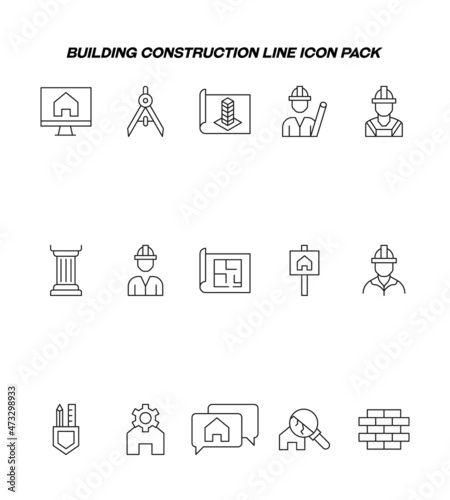 Industry concept. Collection of modern high quality building construction line icons. Editable stroke. Premiul linear symbols of compass, builder, construction worker, brick wall, distressed house