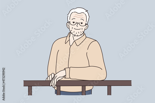 Portrait of happy mature man concept. Smiling unshaven grey haired mature elderly man standing having bristle on face looking at camera vector illustration 