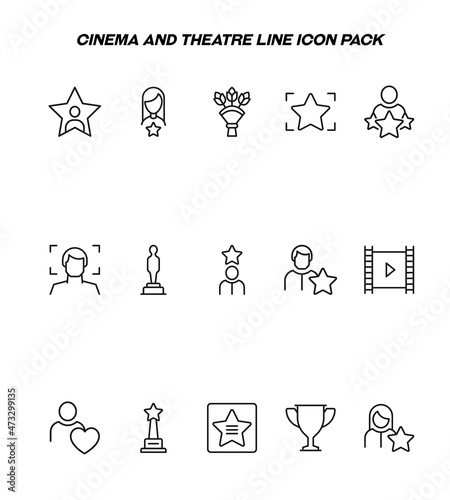 Industry concept. Collection of modern high quality cinema and theatre line icons. Editable stroke. Premium linear symbols of star, bouquet, cine film, cup, heart next to user, avatar, statuette