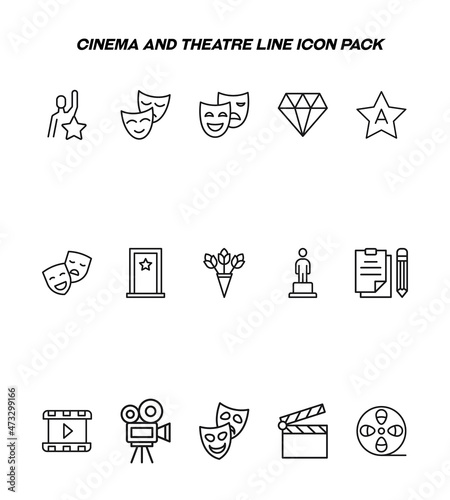 Industry concept. Collection of modern high quality cinema and theatre line icons. Editable stroke. Premium linear symbols of theatrical masks, jewel, script, clapper board, cine film, flowers