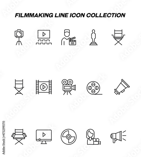 Industry concept. Collection of modern high quality filmmaking line icons. Editable stroke. Premium linear symbols of photo camera, cinema hall, film director, loud speaker, cine film