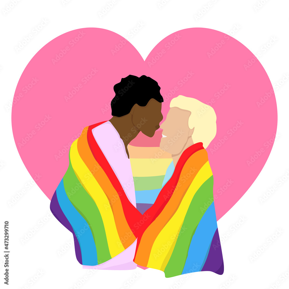 Love of two men, LGBT couple. Rainbow lgbt flag. Flat vector illustration. Love of two men, LGBT couple. Rainbow lgbt flag. Flat vector illustration.