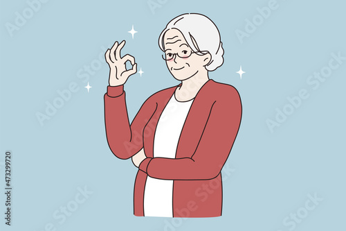 Ok good sign gesture concept. Smiling elderly mature grey haired woman standing showing ok sign with fingers on hand looking at camera vector illustration 