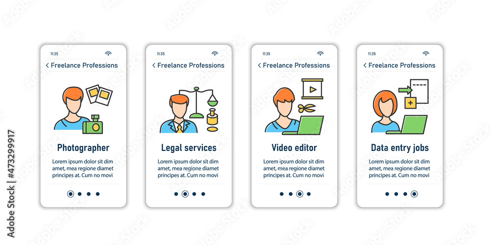 Freelance professions onboarding mobile app screens. Photographer, legal services, video editor, data entry job. Careers steps menu. Set of UI, UX, web template with RGB color linear icons