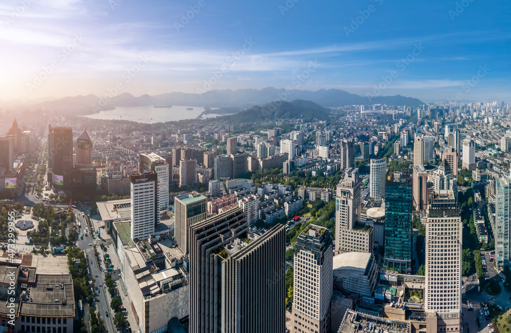 Aerial photography of Hangzhou city architecture landscape skyline