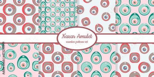 Collection of seamless patterns with Nazar amulet symbols designed for web, fabric, paper and all prints 