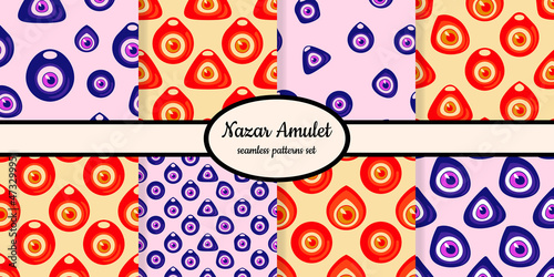 Collection of seamless patterns with Nazar amulet symbols designed for web, fabric, paper and all prints 
