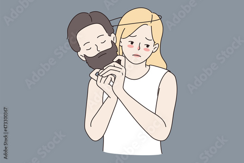 Gender orientation and identification concept. Sad young blonde woman standing holding male brutal face with beard in hands vector illustration 