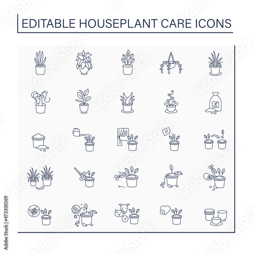 Houseplants care line icons set.Tropical plant interior decor. Beautiful home plant in hanging pot. Gardening concept.Isolated vector illustration.Editable stroke