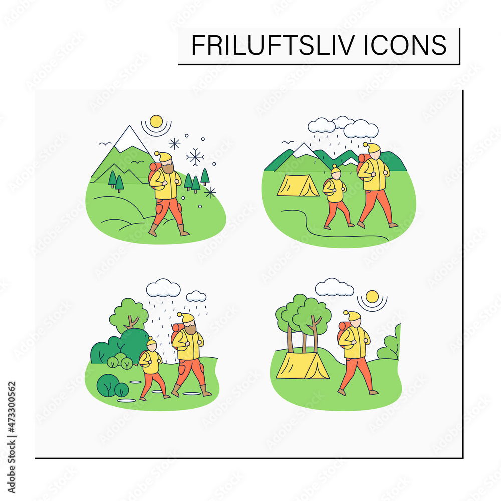 Friluftsliv color icons. Family hiking. Green, eco tourism. Adventure tourism. Nature landscape. Nordic outdoor activities concept.Isolated vector illustrations