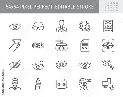Ophthalmology line icons. Vector illustration include icon - contact lens, eyeball, glasses, blindness, eye check, outline pictogram for optometrist equipment. 64x64 Pixel Perfect, Editable Stroke photo