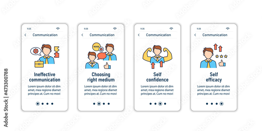 Effective communication onboarding mobile app screens.Choosing right medium, self confidence, self efficacy steps menu. Set of UI, UX, web template with RGB color linear icons