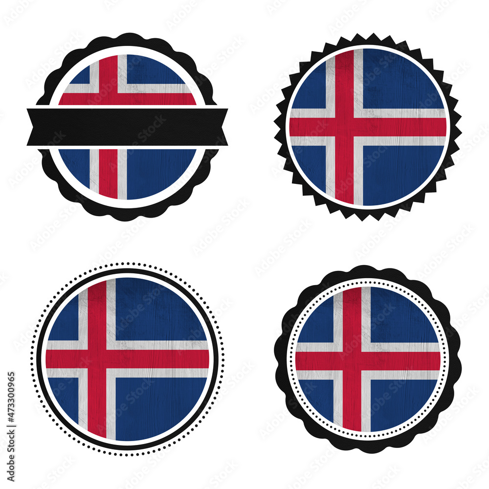 World countries A-Z. Universal round labels pack on white background. Iceland