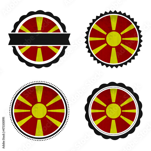 World countries A-Z. Universal round labels pack on white background. Macedonia