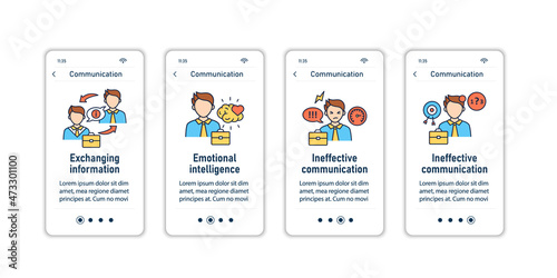 Effective communication onboarding mobile app screens.Exchanging information, emotional intelligence, ineffective communication steps menu. Set of UI, UX, web template with RGB color linear icons