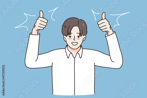 Success and thumb up sign concept. Young smiling businessman wearing white shirt standing and showing thumb up sign with hands fingers vector illustration 