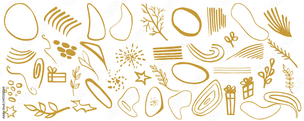 Christmas design elements. HAnd drawn golden glitter texture doodle elements, line art, shapes.