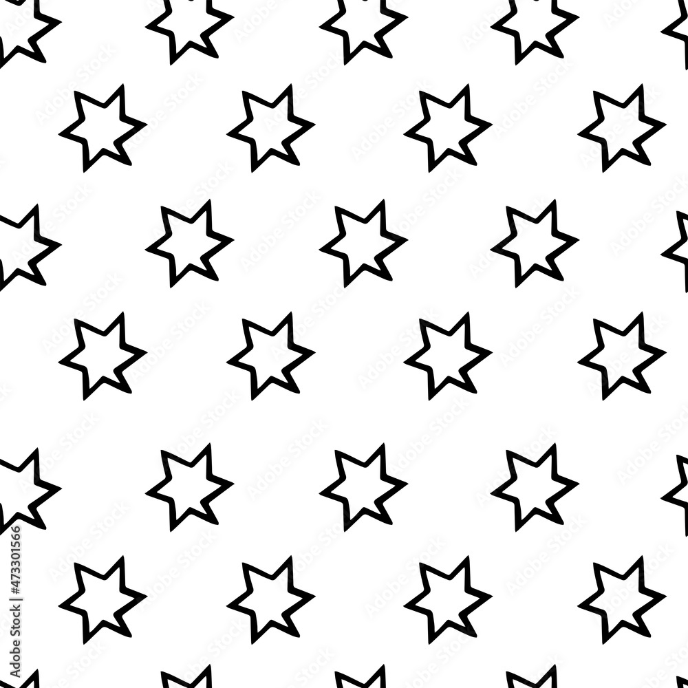 Abstarct kids geometric stars seamless pattern. Hand drawn Black and white minimalistic background. Nursery prints for textile, holiday backdrops, holiday decoration, birthday, wrapping paper