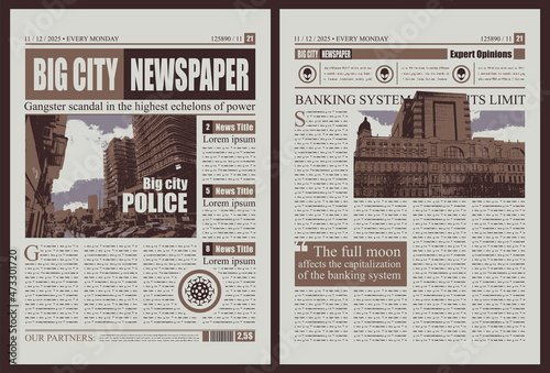 Vector newspaper layout with headlines, illustrations and unreadable text. Magazine page or Newsprint design template. Breaking news columns, articles and place for advertising.