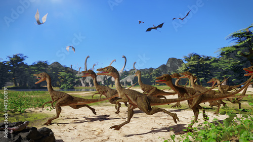Fototapeta Naklejka Na Ścianę i Meble -  Compsognathus longipes,  group of small dinosaurs with swarm of Pterosaur and herd of Brachiosaurus in the background