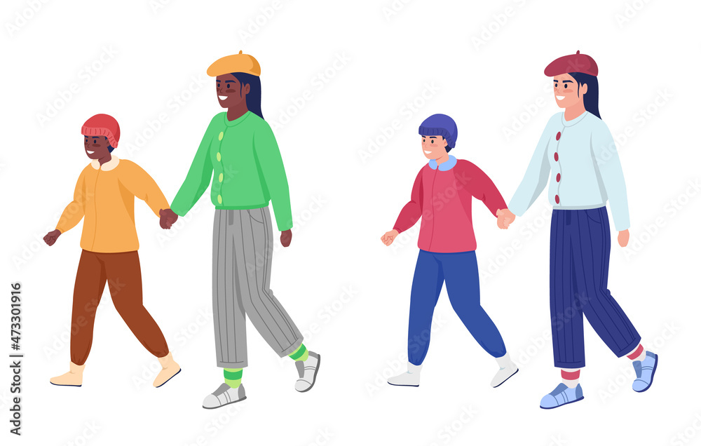 Mother with child on walk semi flat color vector characters set. Dynamic figures. Full body people on white. Winter isolated modern cartoon style illustration for graphic design and animation kit