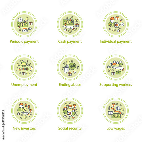 Universal basic income concept icons set. Supporting workers, new investors, social security, individual payment, ending abuse.Global economy concept. Vector isolated conception metaphor illustrations