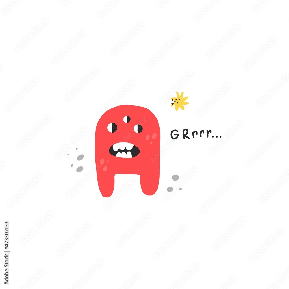 Cute monster. Funny red creature, little mutant or alien, spooky fantasy character with text, childish collection, kids poster, t-shirt print or card, vector cartoon flat style isolated illustration Cute monster. Funny red creature, little mutant or alien, spooky fantasy character with text, childish collection, kids poster, t-shirt print or card, vector cartoon flat style isolated illustration
