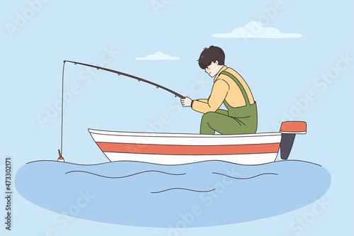 Fishing and summer leisure activities concept. Young man or boy sitting in boat waiting fishing outdoors in still waters vector illustration 