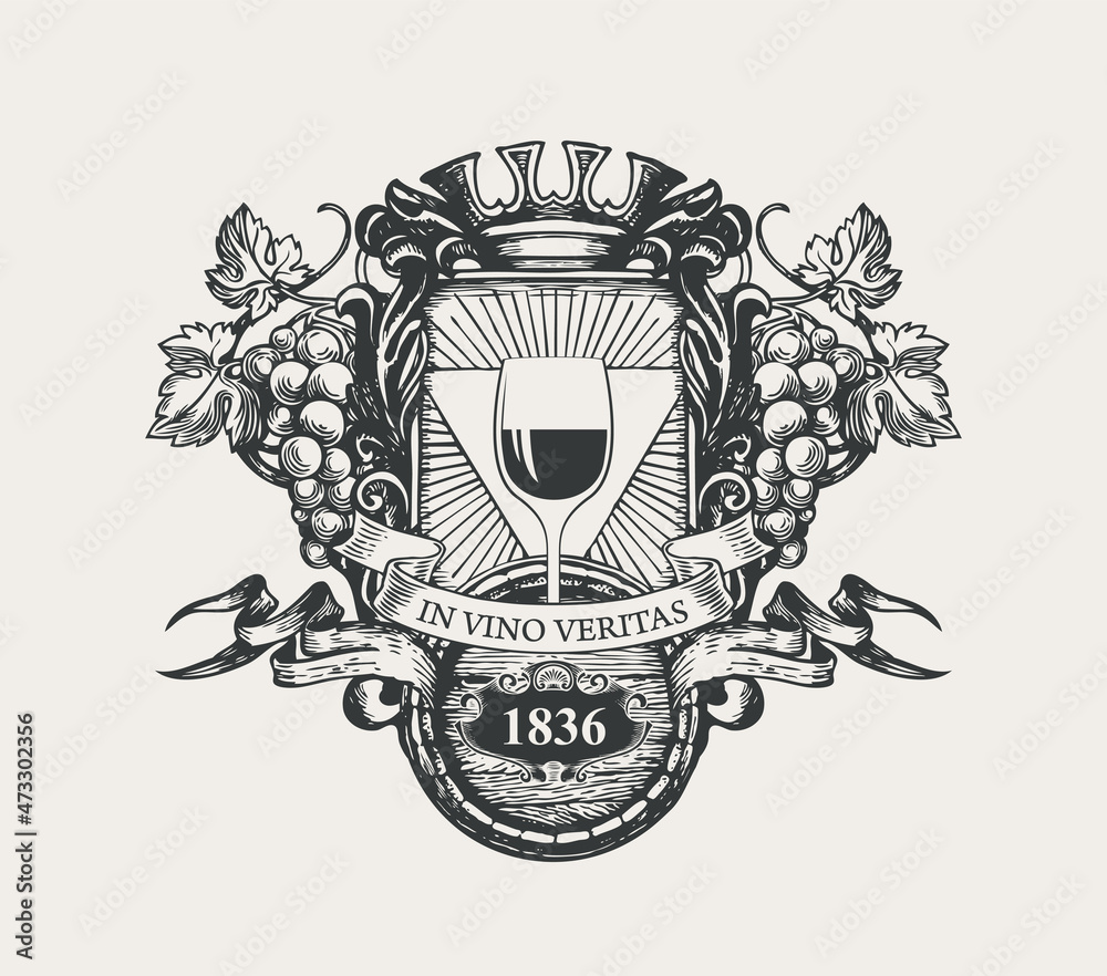 Fototapeta premium Ornate vector banner in form of coat of arms with a glass of wine, bunches of grapes, a crown, wooden barrel, ribbons and the words In vino veritas. Hand-drawn black-white illustration in retro style