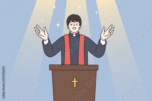 Religion, christianity and spirituality concept. Young man priest standing and blessing people in religious gesture praying to god for better spiritual vector illustration 